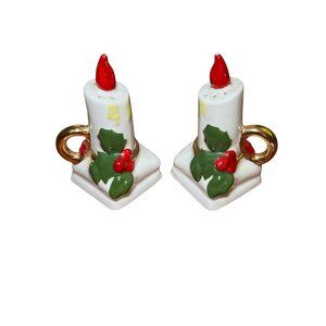 Christmas Candles Holly and Berries Ceramic Salt & Pepper Shaker Set